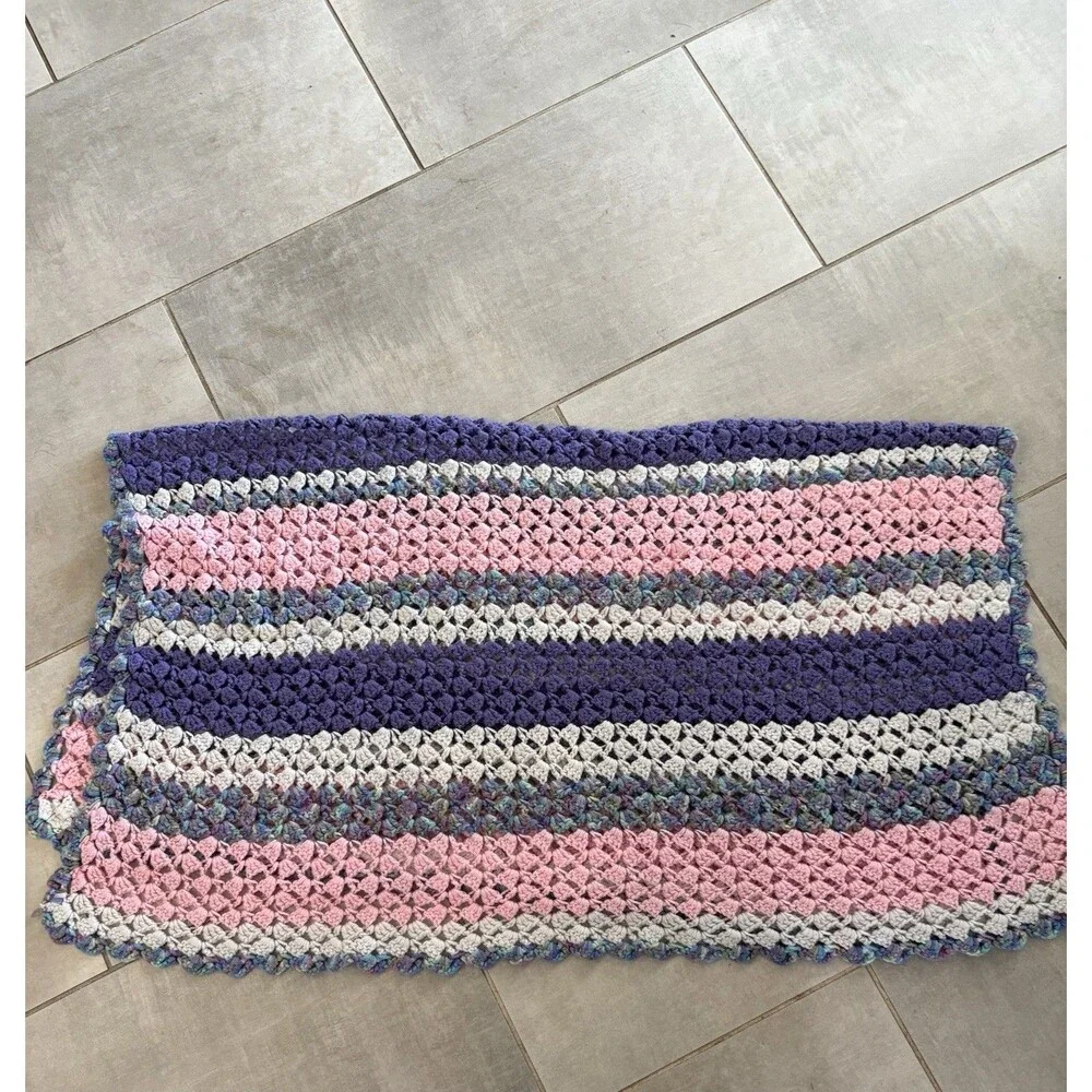 Handmade Knit Crochet Multi Color Afghan Blanket  Baby Approx. 42”x46”